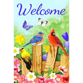 Texupday Welcome Floral Fence Butterfly Birds Decoration Spring Garden Flag Outdoor Yard Flag 12" x 18"