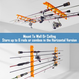 Aventik Horizontal Fishing Rod Holder for Garage Wall or Ceiling Mounted Fishing Pole Holder Holds 6 Rods or Combos, Fishing Rod Rack for Wall, Fishing Rod Storage Organizer (2 Pack Orange)