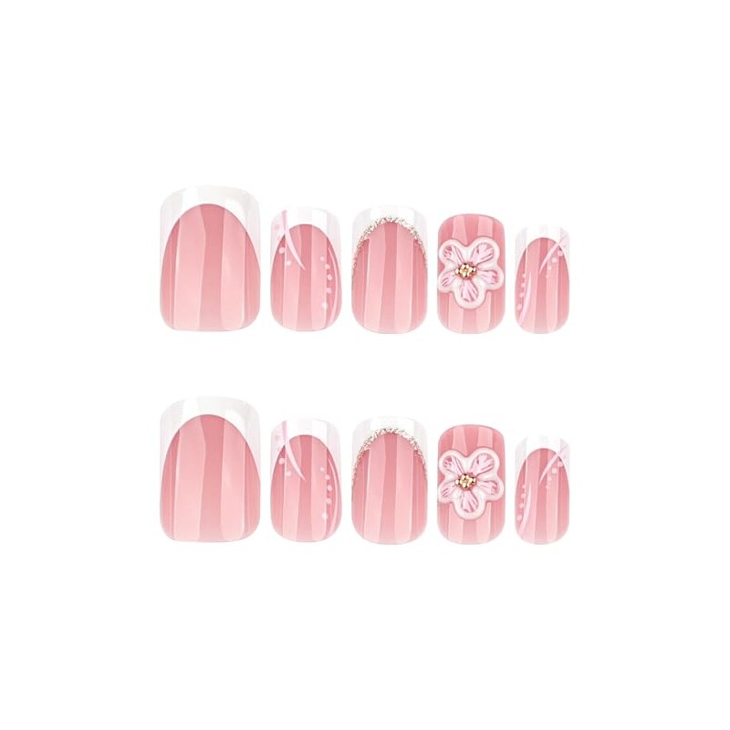 Uñas postizas cortas cuadradas de acrílico blanco con diseños florales,