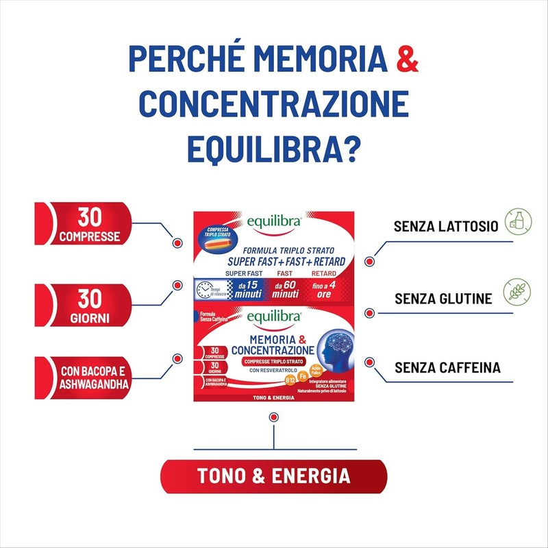 Equilibra, Memoria e Concentrazione, 30 Compresse Triplo-Strato, con Ferro, Zinco,