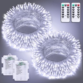 JMEXSUSS 2 Pack White Battery Operated Christmas String Lights, Each 33ft 100 LED Wedding Lights Outdoor Indoor, with 8 Modes Remote Waterproof