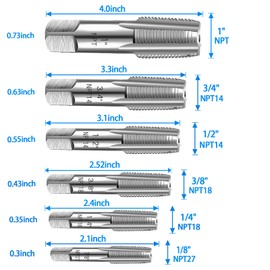 6-Piece NPT Pipe Tap Set, 1", 3/4", 1/2", 3/8", 1/4", 1/8" NPT Tap Set, Carbon Steel Hand Threading Plumbing Tap Set for Accurate Threads, Assorted Plumbers Mechanics DIY Thread cutting tools