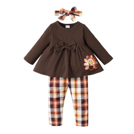 XUANHAO 18 Months Girl Clothes Toddler Girl Clothes Thanksgiving Turkey Fall Winter Long Sleeve Outfits Girls 18-24 Months Pant Sets Ruffle Tops Plaid Pants 18-24 Months Girl Clothing