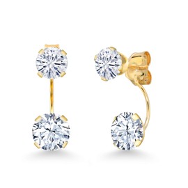 14K Yellow Gold White Created Sapphire and Very Light (IJK) Moissanite by Charles & Colvard Dual Drop 2 Stone Round Earrings for Women (3.00 Cttw, Gemstone Birthstone, Round 6MM and 5MM)