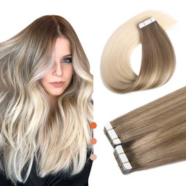 XDhair Tape Extensions Real Hair Ash Brown to Platinum Blonde 20 Pieces 50 g 45 cm Extensions Real Hair Invisible Silky Straight Skin Weft Tape Ins Natural Extensions (#8T/60-18)