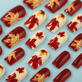 24Pcs Gold Maple Leaf Thanksgiving Press on Nails Autumn Medium Square Fake Nails Red Acrylic Nails for Women Maple Leaves Manicure Decoration Supplies Thanksgiving Glue on Nails