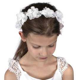 Needzo White Floral First Communion Headband, Satin Flowers and Faux Pearls, Girls' Holy Ceremony, One Size