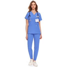 COZYFIT Medical Scrubs for Women Set - Curved V-Neck Scrub Top & Jogger Pants with 8 Pockets - Ceil Blue, M