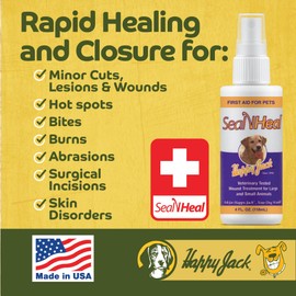 HAPPY JACK Seal 'N Heal Liquid Bandage for Dogs, Cats, Pets, Wound Care Spray (4 oz), Protects Against Minor Cuts, Burns, Waterproof Seal, Discourages Licking & Chewing, for Paws & Body, Made in USA