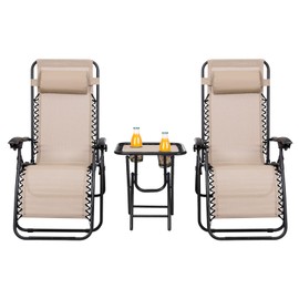 HAPPYGRILL Zero Gravity Lounge Chairs Set with Coffee Table, Folding Reclining Chairs with Side Table and Pillow, 3 Pieces Adjustable Patio Lawn Recliner Set for Outdoor Garden Camp Travel