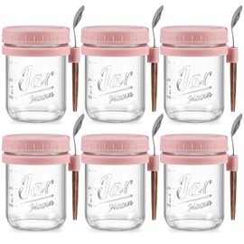 LANDNEOO 6 Pack Overnight Oats Containers with Lids and Spoons, 16 oz Glass Mason Overnight Oats Jars, Large Capacity Airtight Jars for Milk, Cereal, Fruit(Pink)