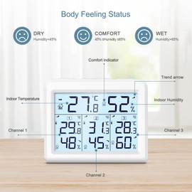 Ankilo Indoor Outdoor Thermometer, 3 Channels Digital Hygrometer Thermometer with 3 Sensor, Temperature Humidity Monitor with LCD Display, Wireless Humidity Gauge for Home, Baby Room