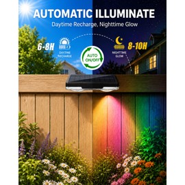 KAJICOO Solar Fence Lights Outdoor, 8 Pack Warm White & RGB 6 Color with RGB Breathing Light Mode, IP65 Waterproof LED Solar Powered Lights for Wall, Backyard, Railing, Step, Patio, Deck, Yard