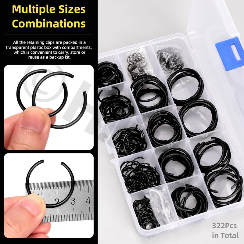 Hilitchi 322PCS 14 Sizes 65Mn Steel Round Wire Snap Rings