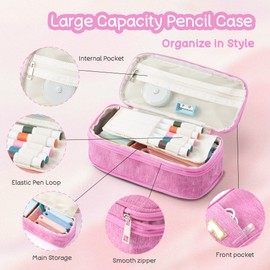 Large Capacity Pink Pencil Case, Cute Pencil Case Pencil Pouch with Zipper For Girls Women, Expandable Preppy Pencil Bag Large Storage High Capacity Bag Organizer for School Home Office Supplies, A