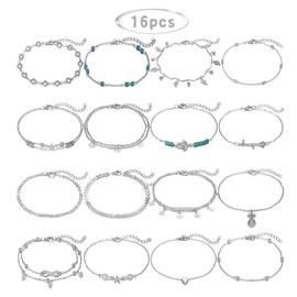 16Pcs Ankle Bracelets for Women Adjustable Anklets for Women Beach Surfer Ankle Bracelet Set Gold Silver Anklets for Women Heart Star Turtle Ankle Chains for Women and Girls (silver)