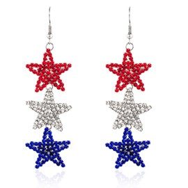 Aksod Patriotic 4th of July Earrings for Women Red White Blue Rhinestone Star & Heart Dangle Drop Earrings Sparkly Layered Independence Day Jewelry USA Themed Holiday Party Accessories (Star)