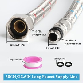 Flex Hose 3/8 Inch, Pack of 2 Stainless Steel Braided Connection Hose, Fitting G3/8 x M10 Tap Hose Extension, 60 cm Reinforced Hose, Flex Hose Extension for Mixer Tap