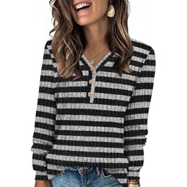 HOTGIFT 2026 Winter Sweater for Women Casual Long Sleeve Tunic Tops Vneck Buttons Shirts Grey-Black Stripes Large