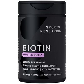 Sports Research® Biotin 5,000mcg w/Coconut Oil - 120 Count Plantgels™ | High Potency Biotin (vitamin B7) for Healthy Skin and Hair Support, Vegan, Non