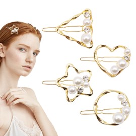 4Pcs Pearl Hair Clips Sparkly Rhinestone Clips Star Small Metal Hair Barrettes Decorative Wedding Hair Accessories for Women Girls Bride (Gold)