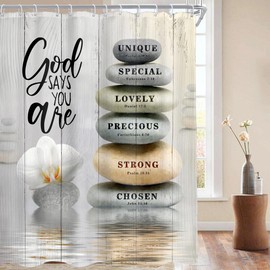 AMBZEK Zen Bible Verse Shower Curtain 72Wx78L Inch Long Scripture Spa Stone Christian Massage Meditation Asian Lotus Artwork Cloth Fabric Waterproof Polyester Bathroom Decor Set with 12 Pack Hook
