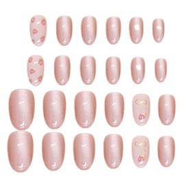 Press Nails Short | Glossy Pink Glitter Fake Nails,Glue Nails for Women Girls, Fake Nails Set with Strawberry Bowknot Design