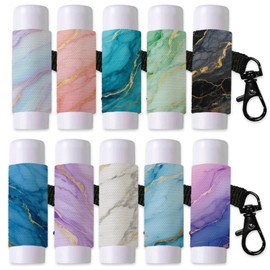 DELORIGIN 10PCS Marble Pattern Lip Balm Keyring Colorful Lipstick Holder Pouch Clip on Lip Gloss Sleeves with Metel Clasp Elastic Chapstick Holder for Lipbalm Chapstick Storage