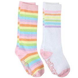 juDanzy 2 Pack of Baby, Toddler and Kids Knee High Tube Socks for Boys and Girls with Grips (12-24 Months Pastel Set), Pastel Rainbow & Pastel Rainbow Stripes, 12-24 Months