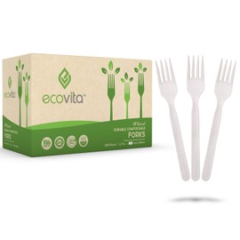 Ecovita 100% Compostable Forks - 500 Large Disposable Utensils (7 in.) Bulk Size Eco Friendly Durable and Heat Resistant Alternative to Plastic Forks with Convenient Tray