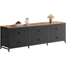 Huuger 6 Drawer Dresser for Bedroom, 63 Inch TV Stand for 55, 65, 70 Inch TV, Long Dresser for Closet with Fabric Drawers, Storage Organizer for Kids Bedroom, Rustic Brown and Black