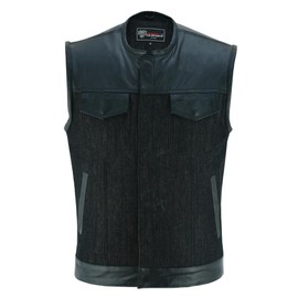 Vance Leather Men's Denim & Leather Motorcycle Vest with Dual Conceal Carry Pockets, SOA Biker Club Vest, Snap & Zipper Closure (Black, Medium)