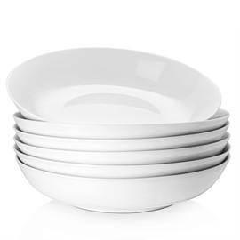 Y YHY 9" Pasta Bowls, 40oz Large Salad Bowls Set of 6, Wide Shallow Ceramic Bowls for Serving Soup, White Dinner Plates Set for Kitchen, Microwave Dishwasher Safe