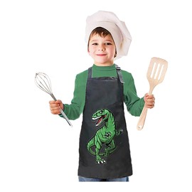 XonyiCos Kids Boys Dinosaur Apron with Pockets, Girls Aprons for Cooking, Painting, Chef Apron for Children 3-12 Years (Black and Green Dinosaur, Small (3-5 Years))