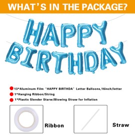 Accevo Light Blue Happy Birthday Balloons Banner 16 Inch Foil Letters Balloons Happy Birthday Sign Banner 3D Happy Birthday Balloons for Kids, Child, Adults, Boys & Girls Birthday Party Decorations
