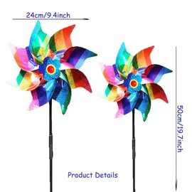 6Pcs Reflective Wind Spinners for Garden – Sparkly Holographic Pinwheels to Scare Birds, 9.5in Outdoor Decor for Patio, Lawn, Farm (Rainbow Colors)