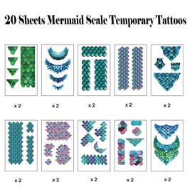Qpout Mermaid Scale Temporary Tattoos Stickers for Kids Girls Women, 20 Sheets Mermaid Themed Tattoos for Face Hand Body, Mermaid Makeup Accessories Mermaid Birthday Party Favors
