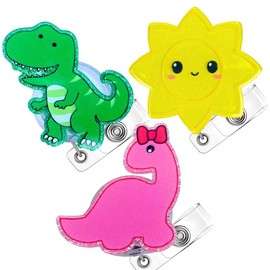 3PC Pediatric Badge Reels Cute PEDS Pink Dinosaur Green Dino Sun Smiley Face Animals Retractable Acrylic ID Clip Holder for Nurse Nurses NICU OB Hospital Medical Appreciation Accessories Gifts