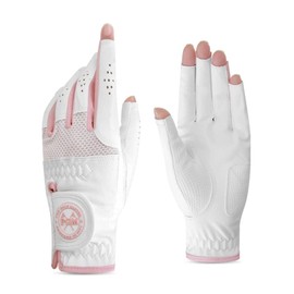 Women's Golf Glove One Pair - Breathable, Durable, Sun Protective, Outdoor Thin Summer Gloves for Left and Right Hand, PU Leather with Exquisite Lace Trim (White-Pink, 20)