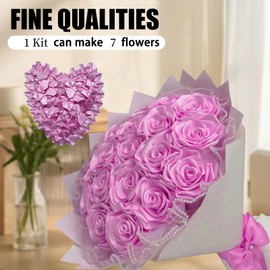 LatinaFlorista DIY Ribbon Rose Kit, Makes 7 Eternal Roses, Complete Craft Set with 105 Premade Petals, Stems, Leaves, Crafting Unique Gift of Forever Flowers Ramos Bouquets (7 Roses Kit -Rose Pink)