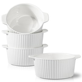 Taeochiy Soup Bowls with Handles - Large Serving Soup Bowl Set, 28 Oz Ceramic Soup Crocks for French Onion Soup, Cereal, Chilli, Stew, Microwave and Oven Safe, Set of 4, Stackable, White