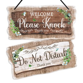 Putuo Decor Welcome Please Knock Office Door Signs, PVC Do Not Disturb Door Hanger Sign, Double Sided Hanger Plaque Meeting In Progress Sign For Office Door Therapist Commercial Home (Eucalyptus)