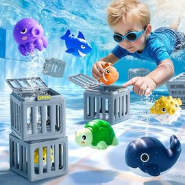 Funscape Juguetes de buceo en la piscina para niños, juego de piscina de buceo, juego de juguete de baño para niños pequeños con caja de peces animale
