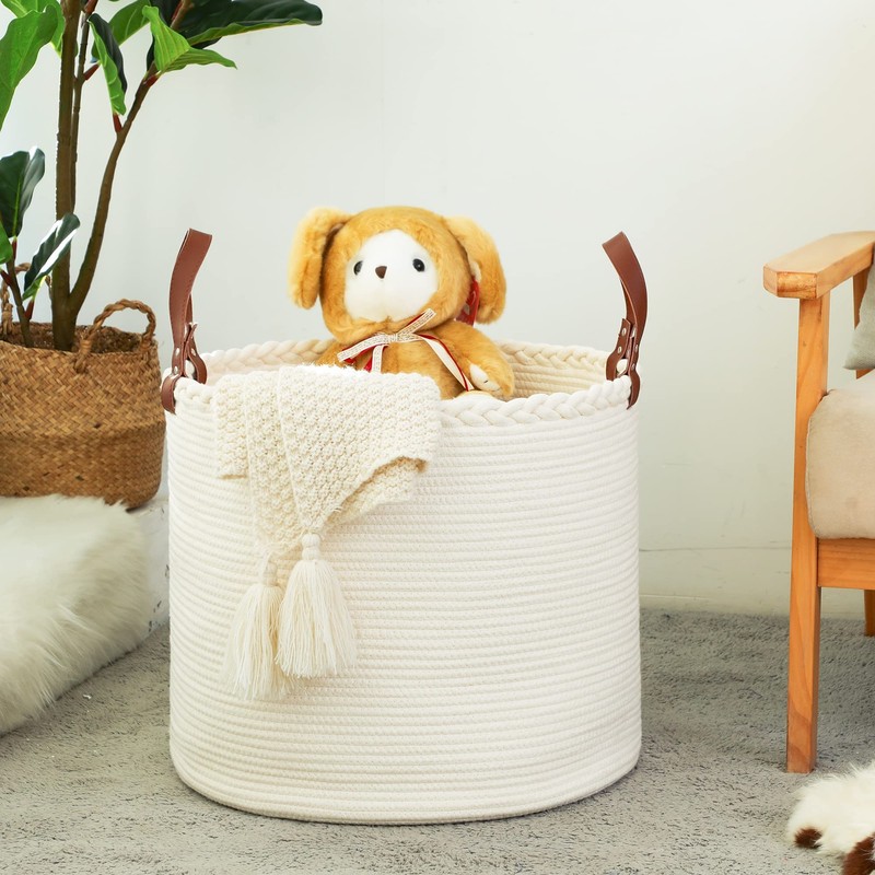 KAKAMAY Large Cotton Rope Blanket Basket,Woven Baby Laundry Hamper，Blanket Basket