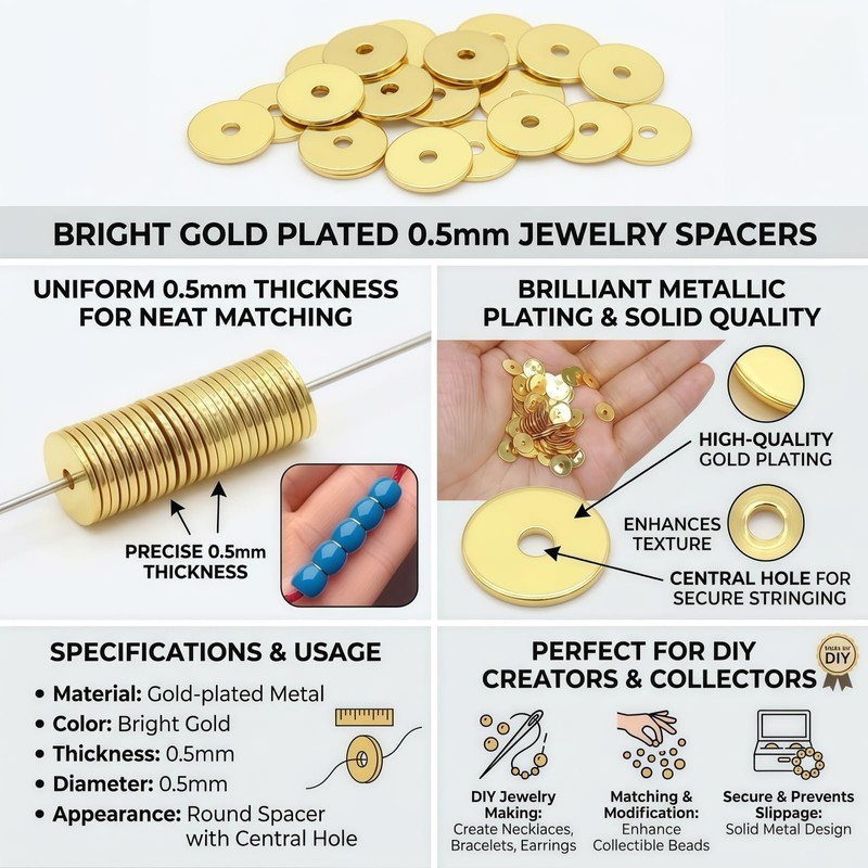 100PCS Round Wheel Spacer Beads, Gold Flat Disc Metal Beads,
