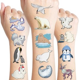 MeoIsDaBest 100 piezas de tatuajes temporales divertidos de animales polares del Ártico, pegatinas para cumpleaños, decoraciones para fiestas de invie