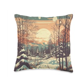 Snowy Forest Clearing Vintage Landscape Graphic Throw Pillow