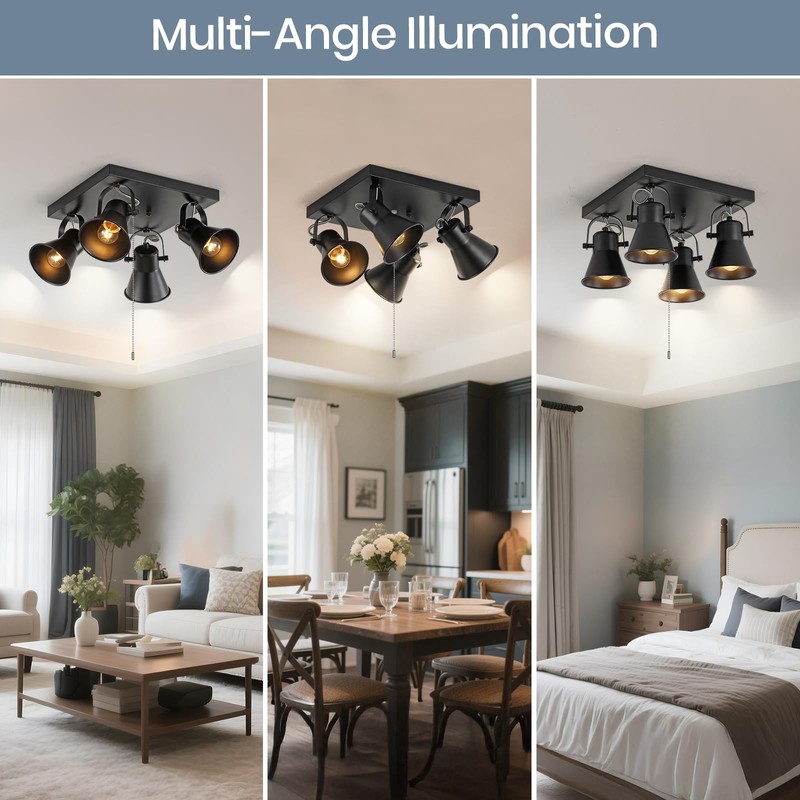 KEESFU 4-Light Square Ceiling Light Fixture with Pull Chain Switch,