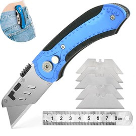 Folding-Utility-Knife Work-Knife Retractable-Folding-Box-Cutter Construction-Knife-Box-Opener - Razor-Knife with 5 Extra Blades for Cartons Cardboard and Boxes