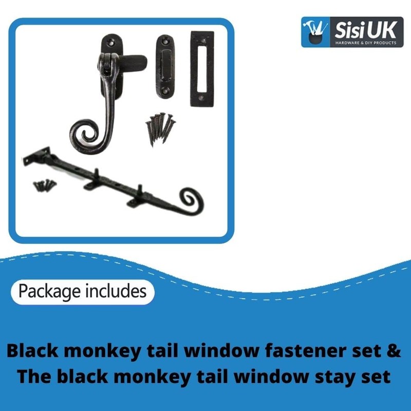 Black Monkey Tail Window Casement Fastener & Window Stays Combo